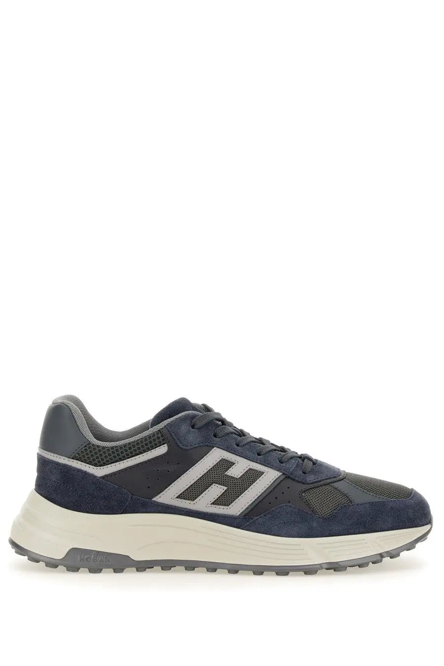 Navy blue suede and mesh Hogan men’s Hyperlight sneaker with gray rubber sole and silver logo detailing