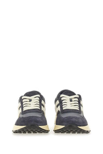 Hogan men’s hyperlight sneaker in navy blue suede and mesh with cream laces and matching midsole