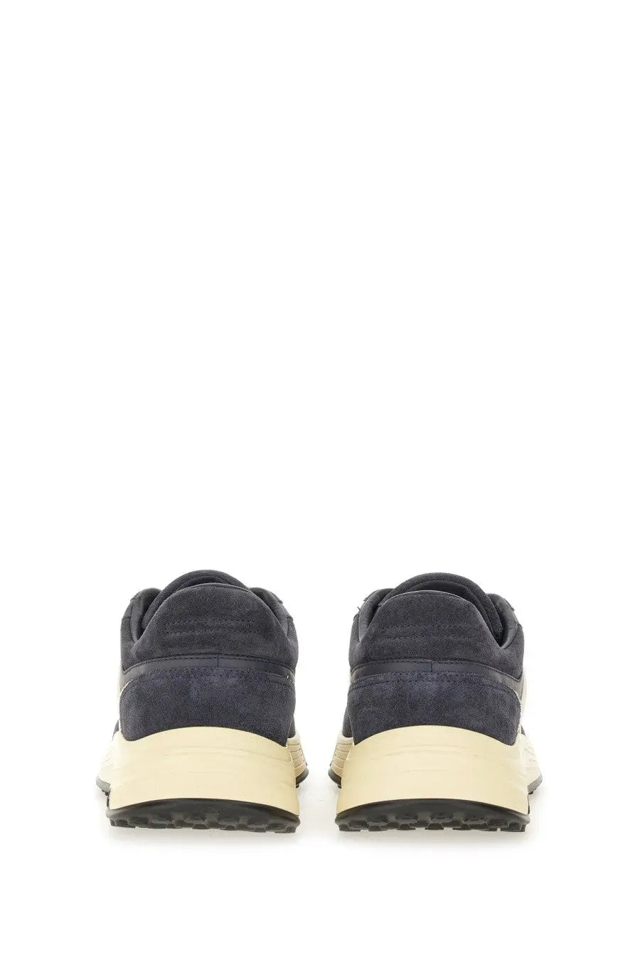 Navy suede Hogan men’s Hyperlight sneaker with cream rubber sole and black outsole showing front side