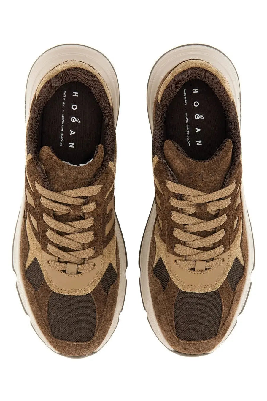 Hogan men’s hyperlight sneaker brown in brown and beige suede and mesh with chunky white sole and Hogan logo insole