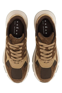 Hogan men’s hyperlight sneaker brown in brown and beige suede and mesh with chunky white sole and Hogan logo insole