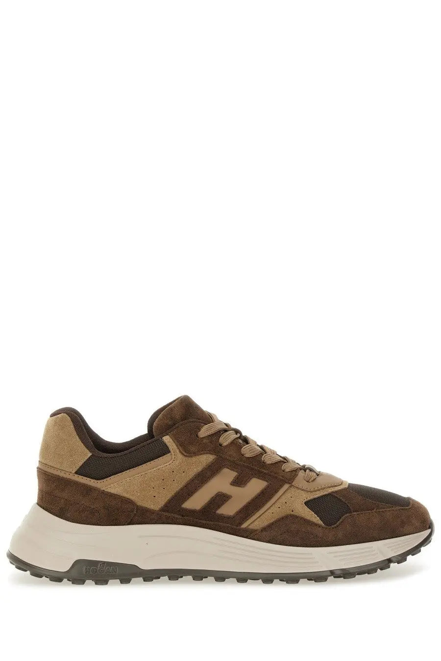 Hogan men’s Hyperlight sneaker in brown and tan suede with black mesh accents and white rubber sole
