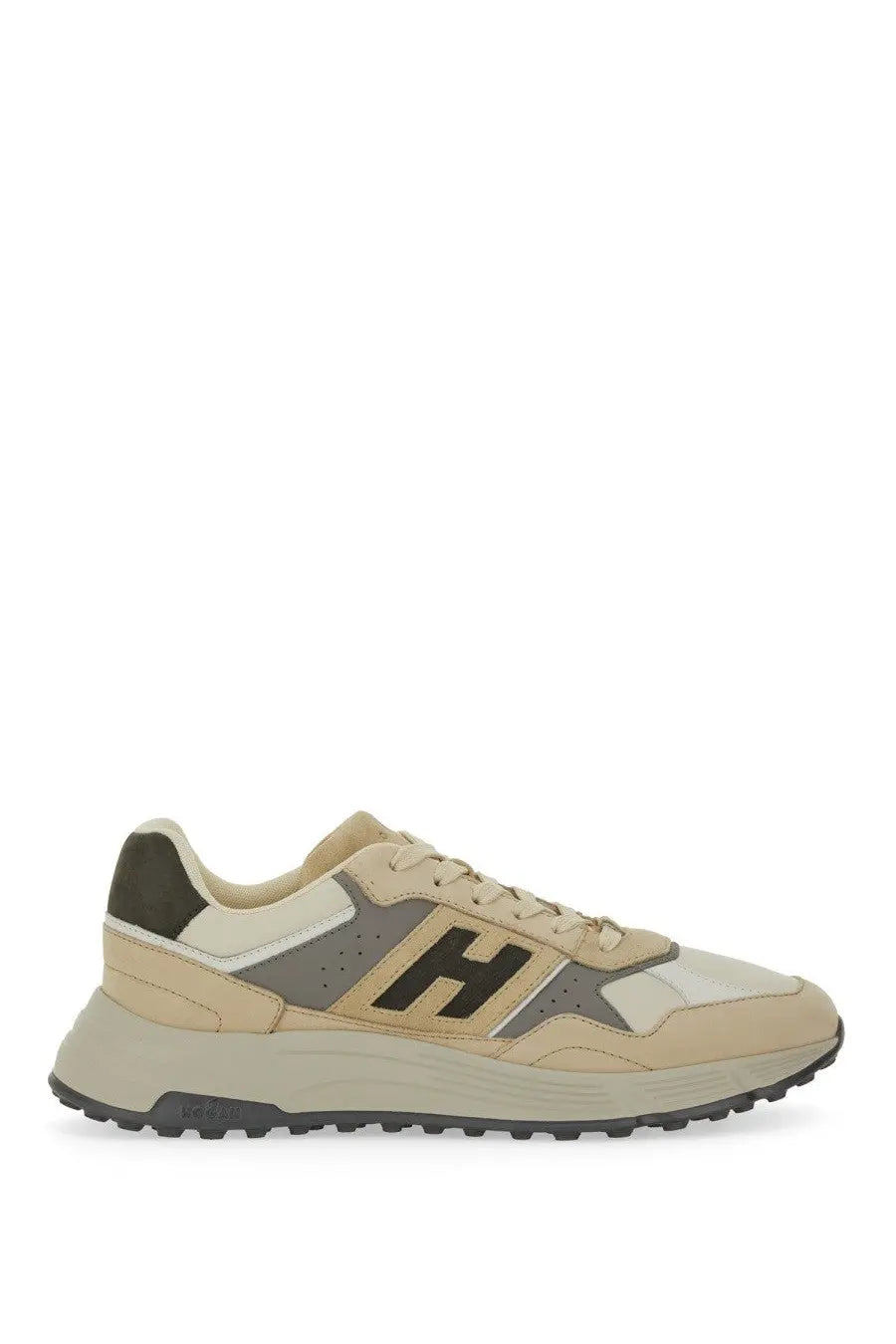Beige and gray Hogan men’s Hyperlight sneaker with bold black H logo on the side in hush puppies style