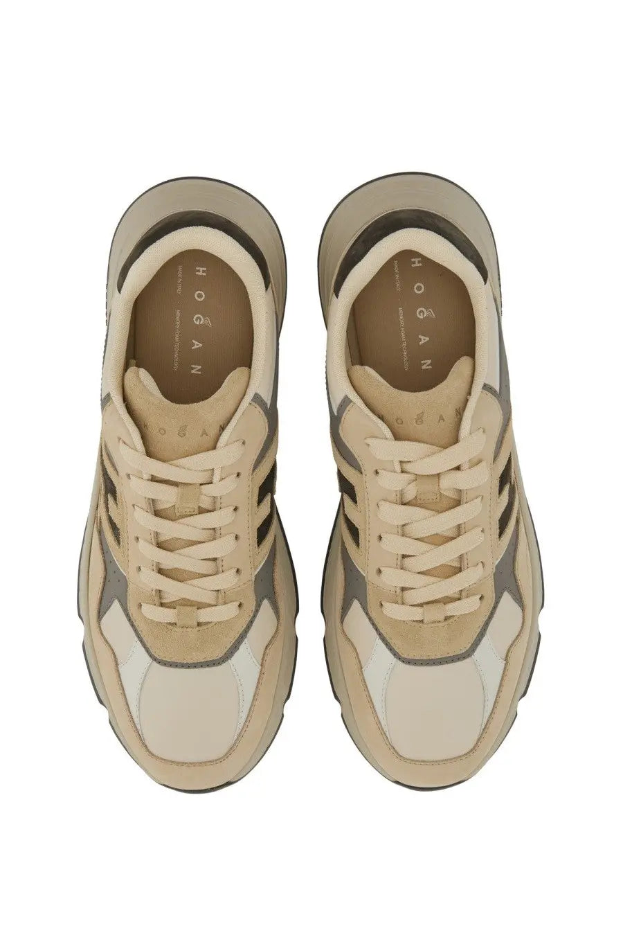 Hogan men’s hyperlight sneaker in beige and gray with chunky sole and layered material design