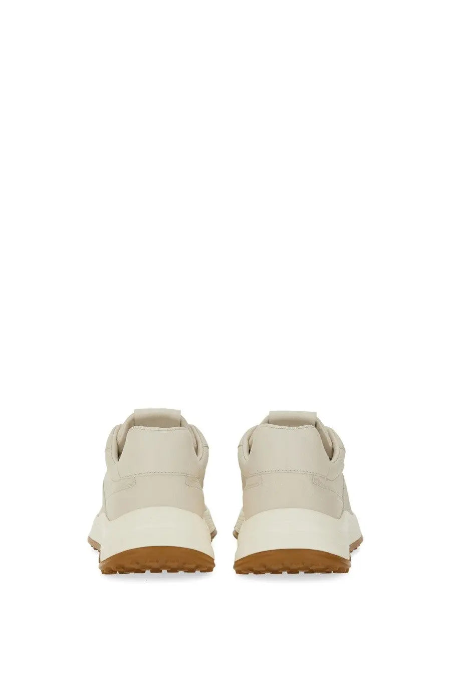 Hogan men’s hyperlight cream-colored leather sneakers with chunky white midsole and tan rubber outsole