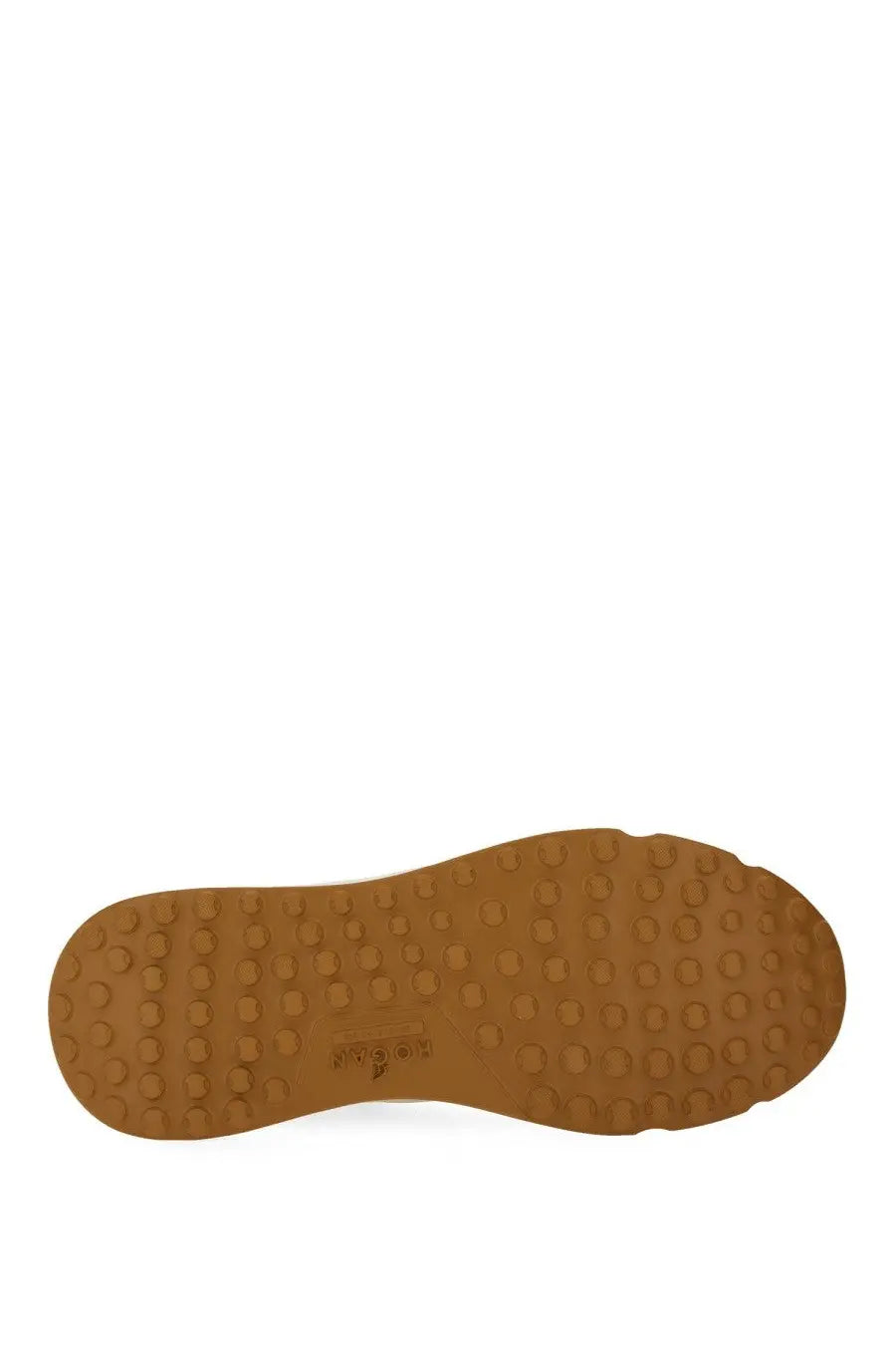 Tan rubber sole with textured circular tread and hogan embossed near heel on the back of hogan men’s hyperlight sneaker white