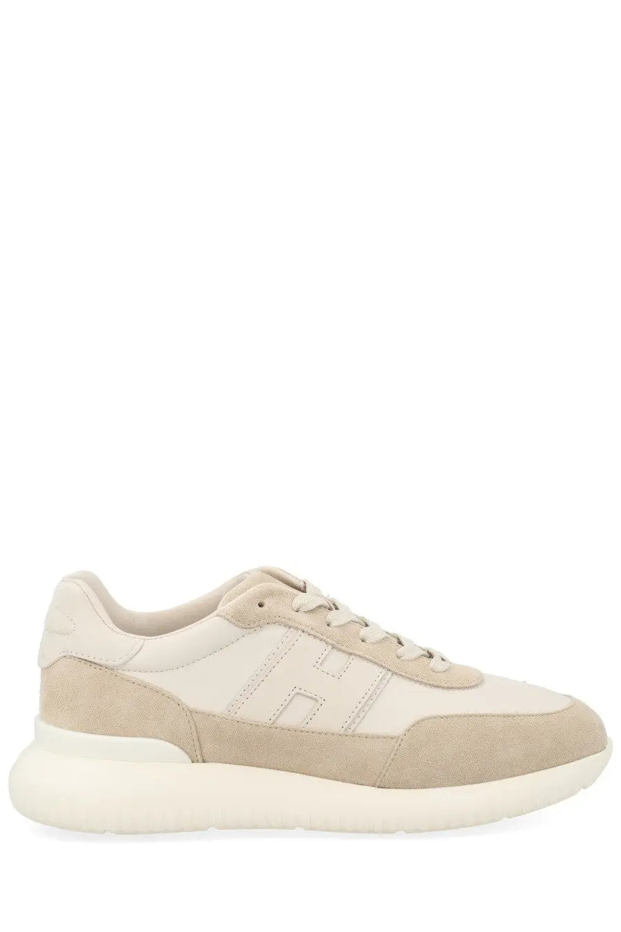 Hogan men’s interactive³ sneaker beige with suede and leather panels and bold stitched h logo on the side