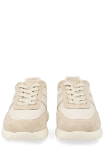 Hogan men’s interactive3 sneaker beige in beige suede and leather with matching laces shown from the back side