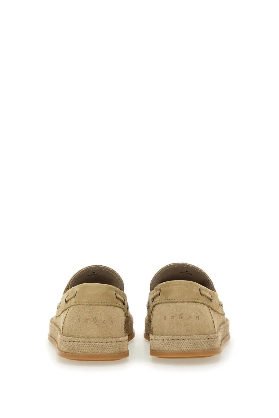 Beige suede hogan men’s leather boat moccasin showing back side with textured sole and brand embossed heel