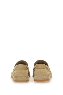 Beige suede hogan men’s leather boat moccasin showing back side with textured sole and brand embossed heel