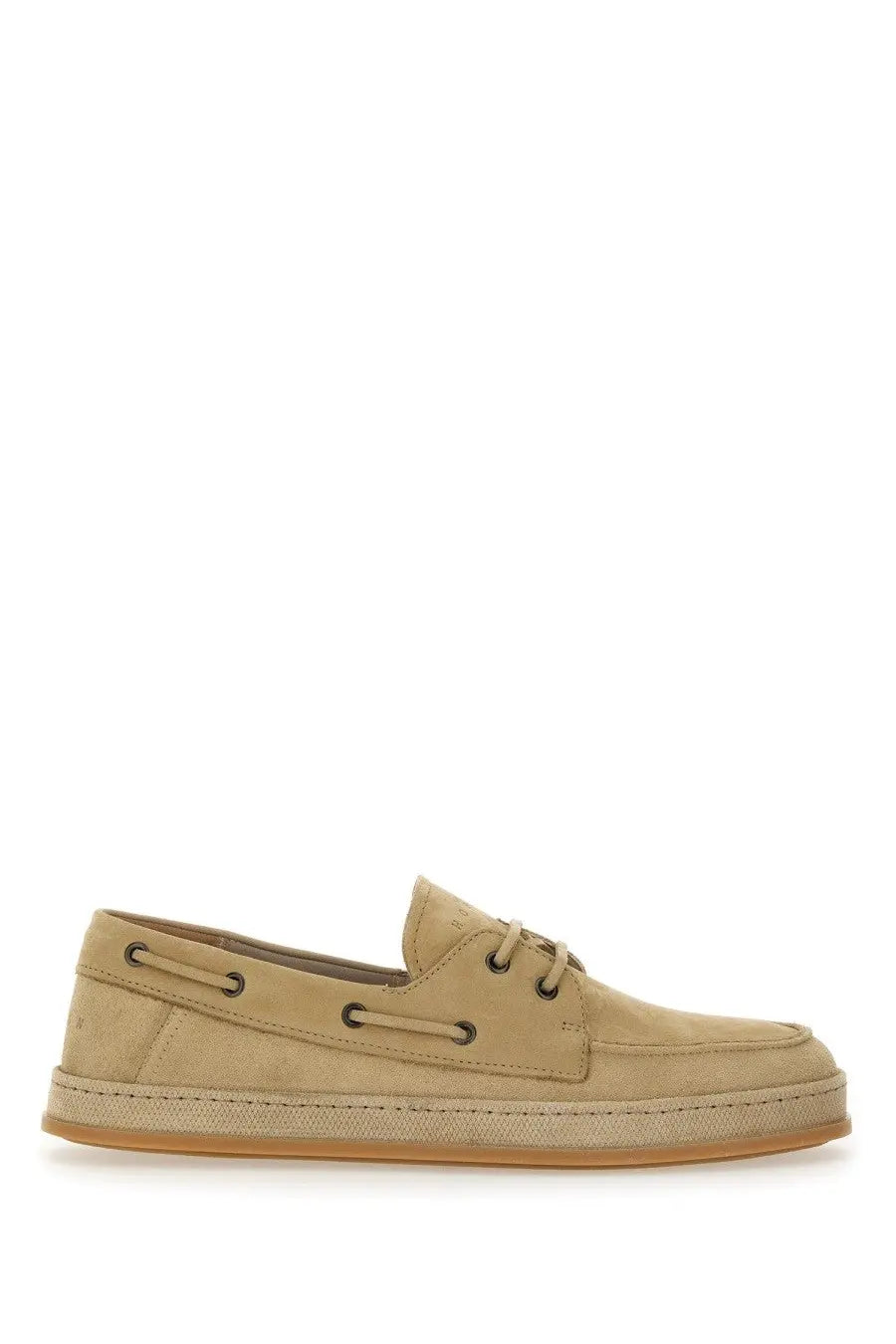 Hogan men’s leather boat moccasin in beige suede with tan rubber sole and black eyelets