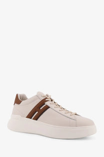 Cream-colored leather sneaker with brown accent stripes and chunky white sole from hogan men’s leather sneakers brown collection
