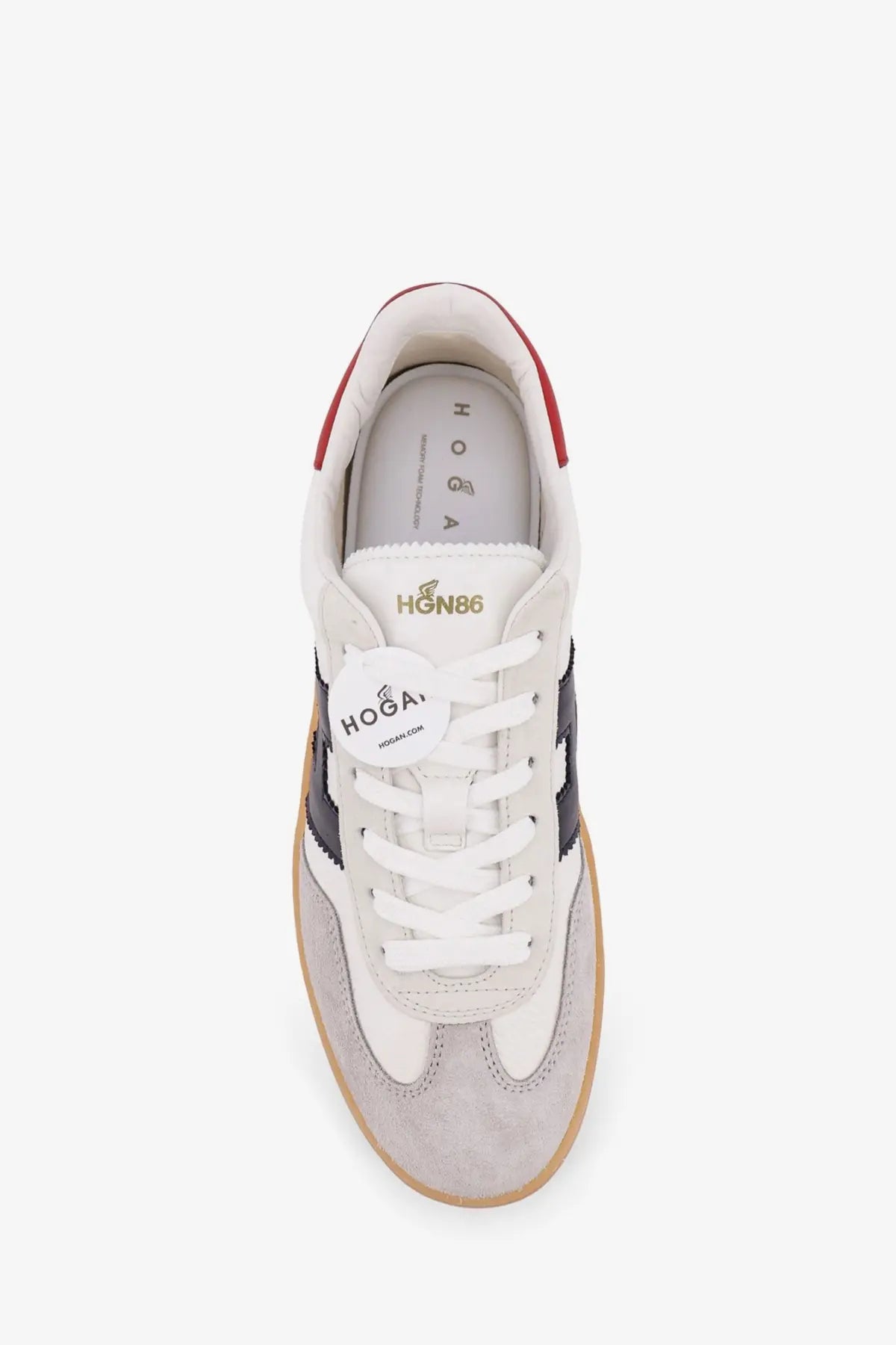Hogan men’s leather sneakers in white with gray suede, black stripes, red heel tab, and tan rubber sole