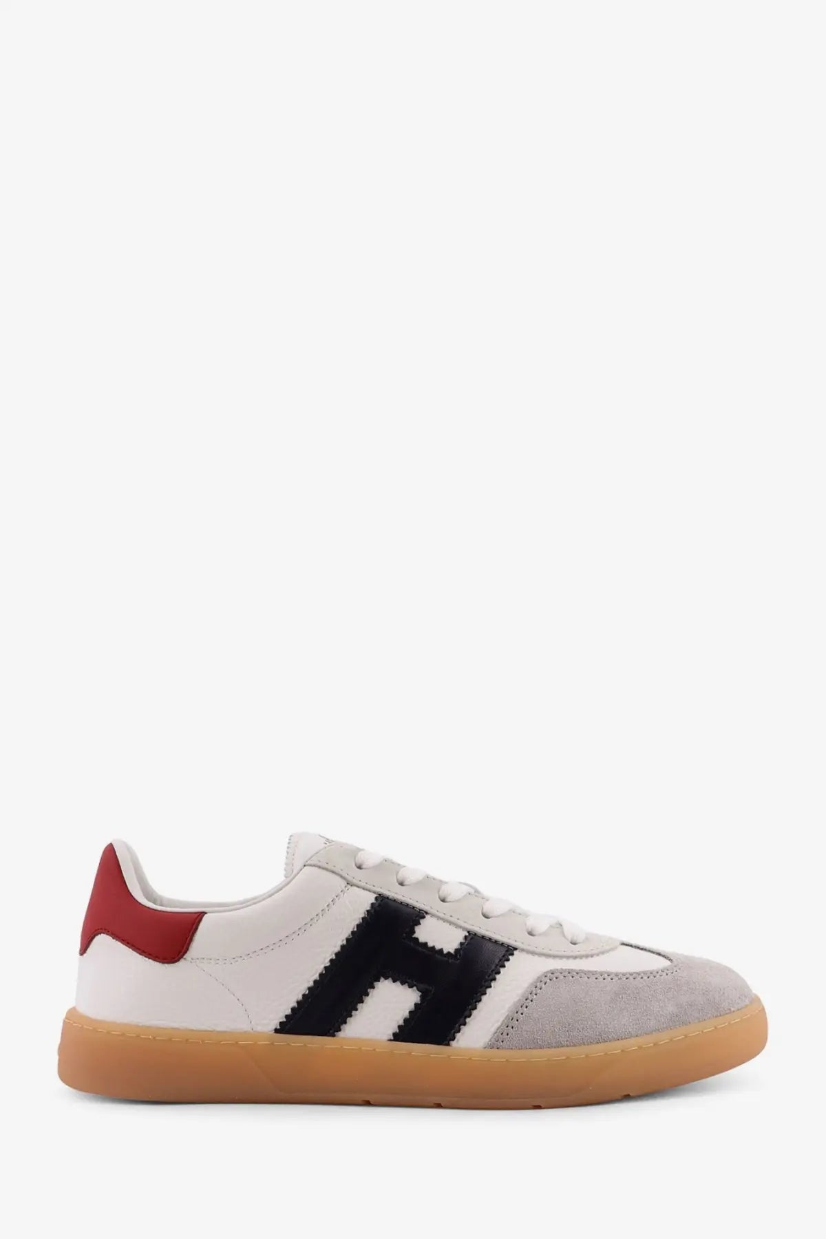 Hogan men’s leather sneakers in white and gray suede with bold black h logo red heel tab and tan rubber sole