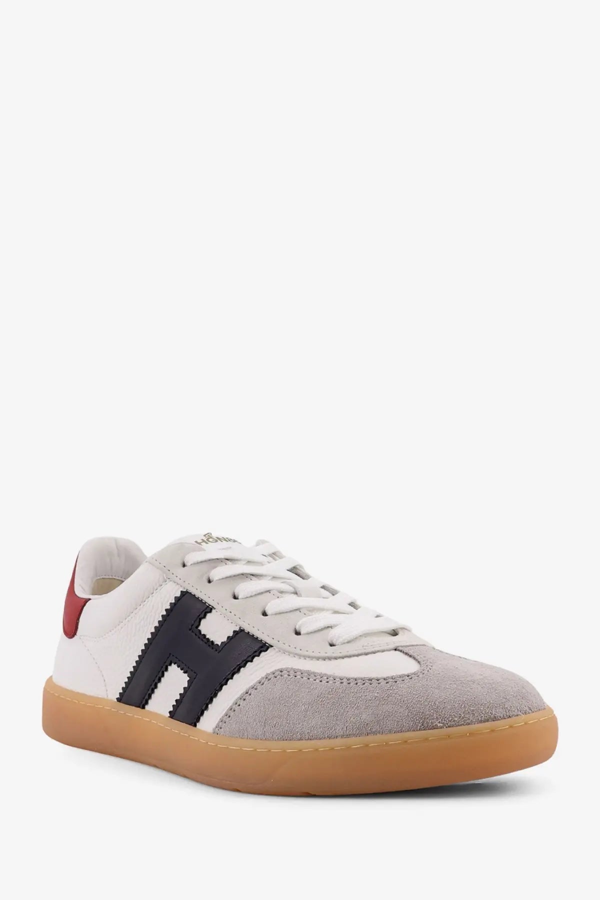 Hogan men’s leather sneakers white with white and gray suede, black h logo, red heel tab, and tan rubber sole