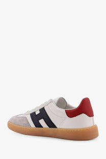 Hogan men’s leather sneakers white with red accents and black embroidered logo on the side