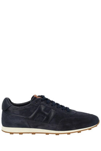 Hogan men’s dark blue suede sneaker with tan rubber sole and black laces athletic shoe for casual wear