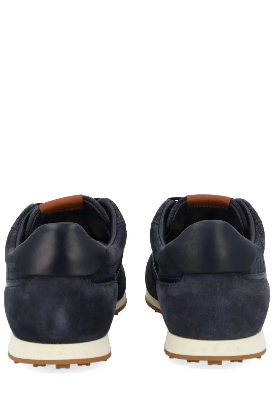 Hogan men’s sneaker athletic blue navy blue suede with tan leather heel tabs and white rubber soles shown from the back