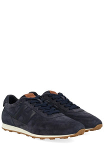 Hogan men’s sneaker athletic blue navy suede with tan accents and white midsole for casual athletic wear