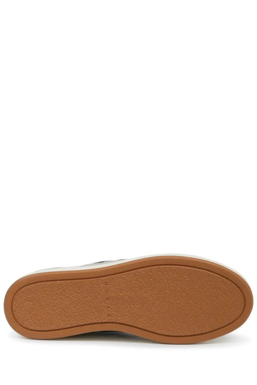 Brown rubber sole with white midsole and subtle hogan branding on beige men’s sneaker back side
