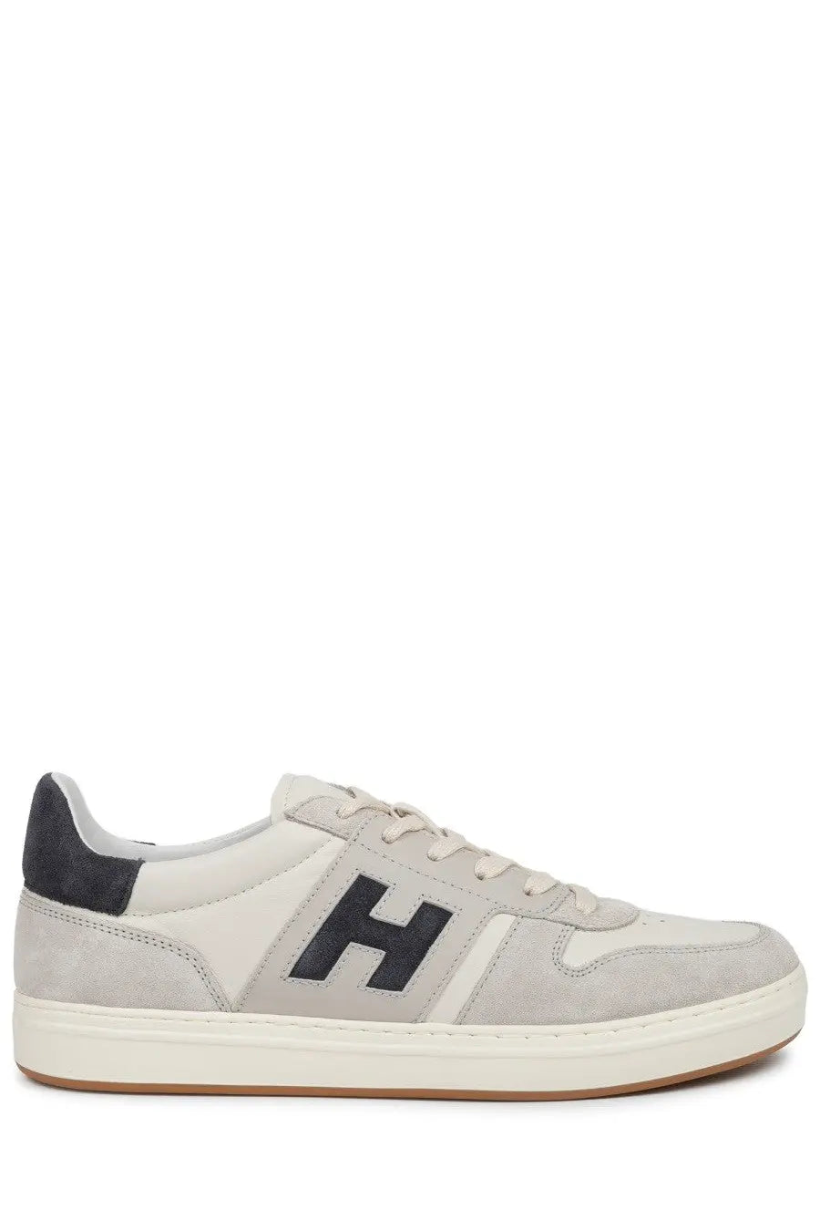 Hogan men’s sneaker beige light gray suede and canvas low-top with black h logo white laces and navy heel tab