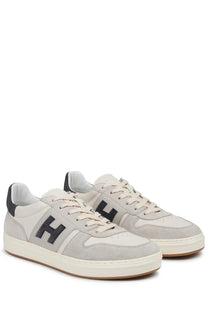 Hogan men’s sneaker beige in light gray suede and canvas with black logo accents cream laces and white sole