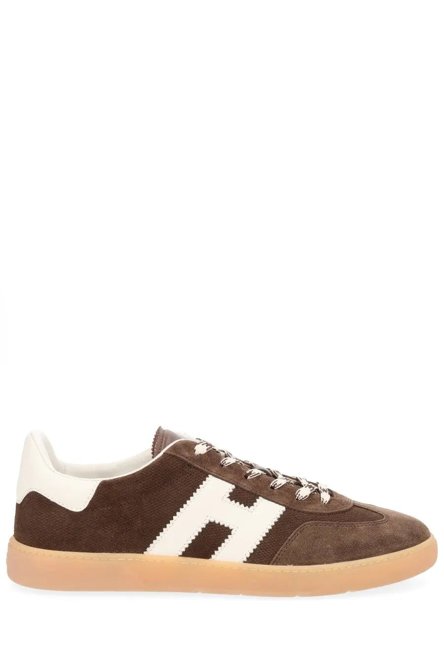 Hogan men’s sneaker cool brown brown suede with bold white h logo cream laces and gum rubber sole