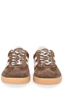 Hogan men’s sneaker cool brown brown suede sneakers with white stripes and cream rubber soles