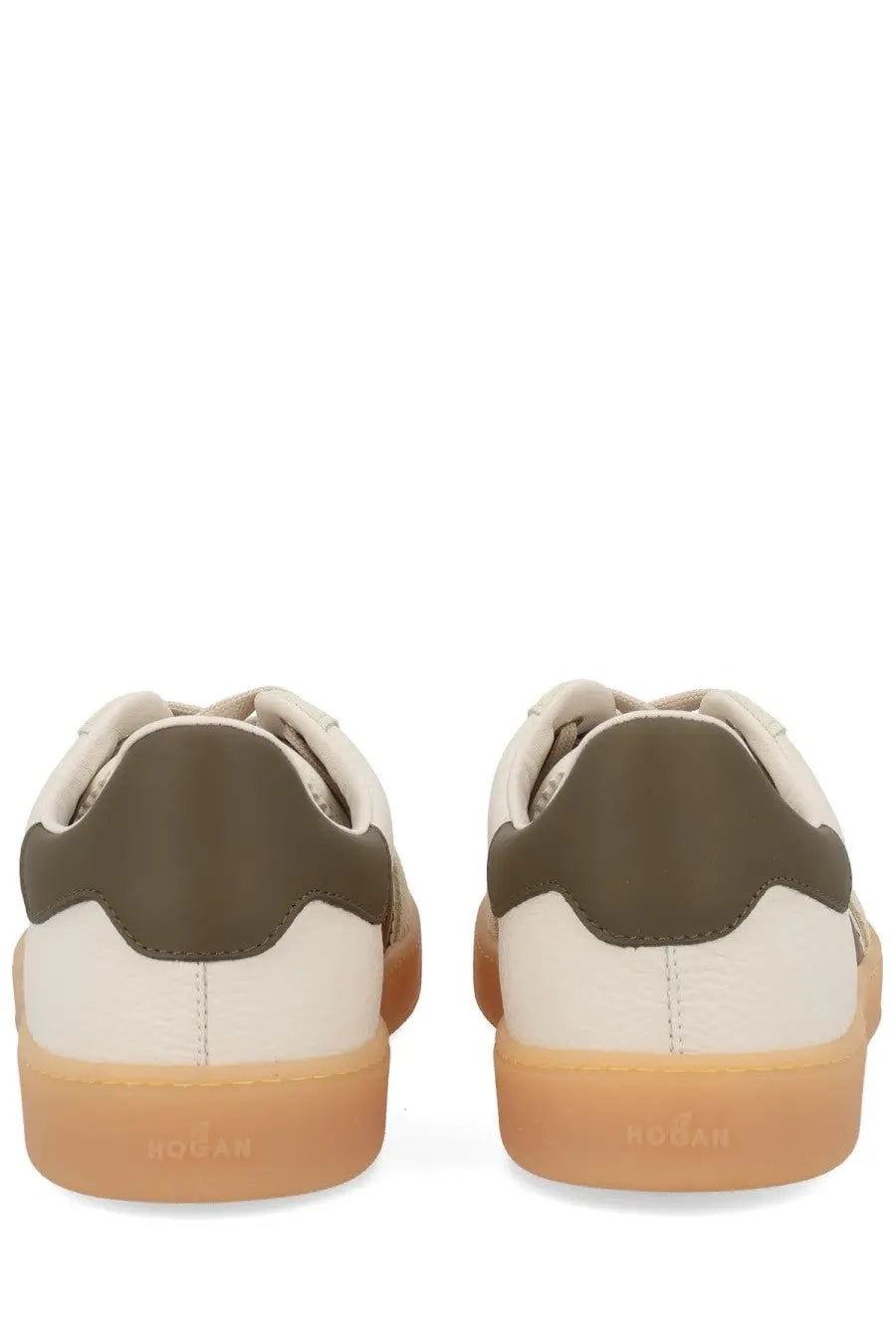 Back view of hogan men’s sneaker cool multicolor in cream olive green suede with gum rubber sole and embossed logo