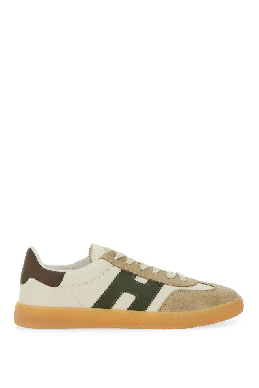 Hogan men’s sneaker cool multicolor cream suede and canvas low-top with dark green h logo brown heel tab and gum sole