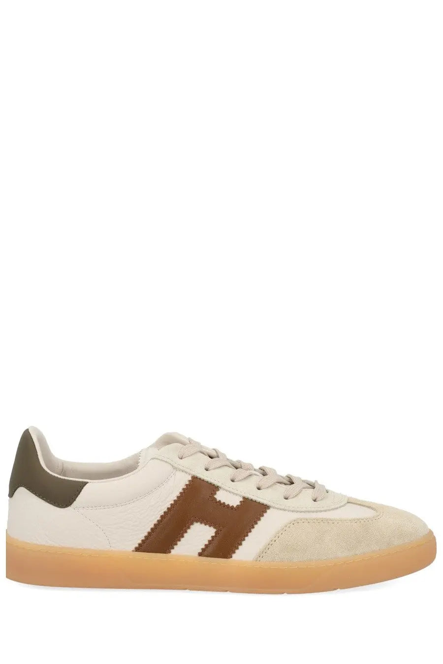 Cream-colored suede and leather low-top sneaker with brown embroidered h logo olive green heel tab and gum sole by hogan