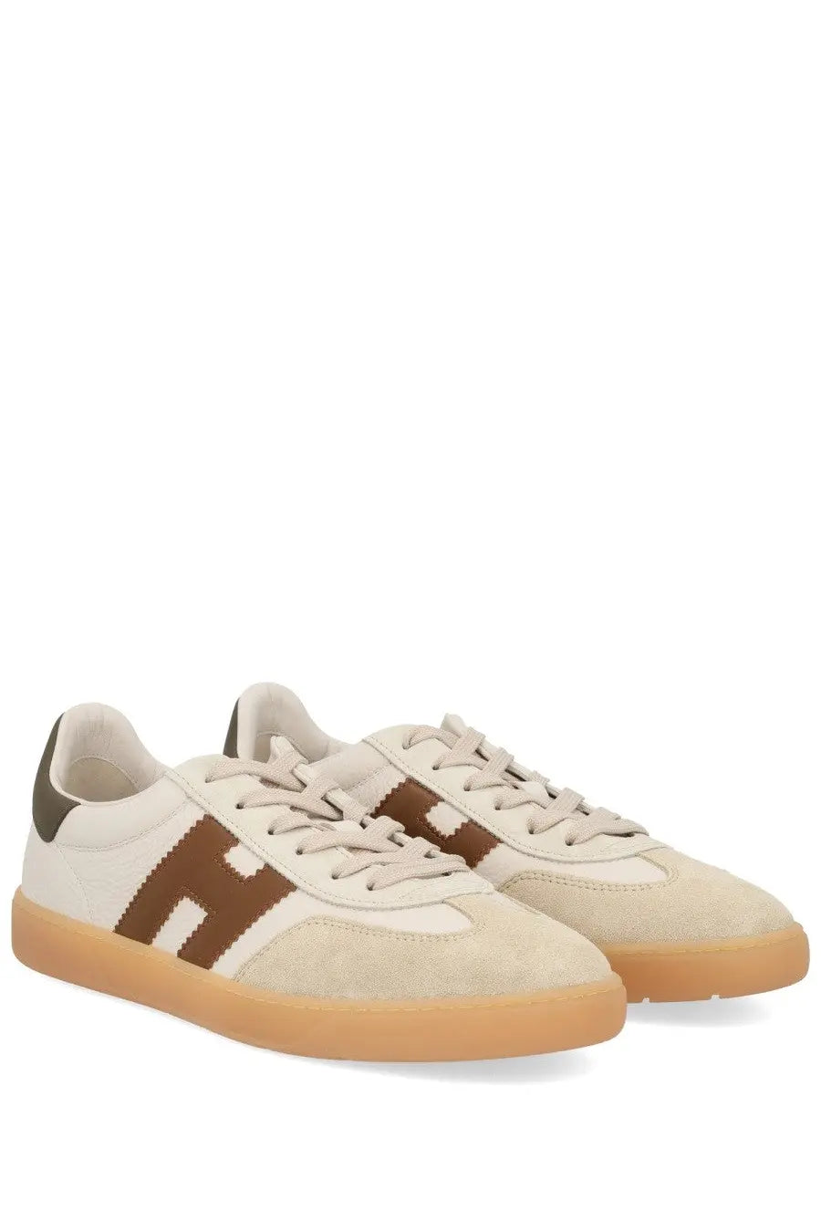 Hogan men’s sneaker cool multicolor cream suede with brown leather stripes and gum rubber sole