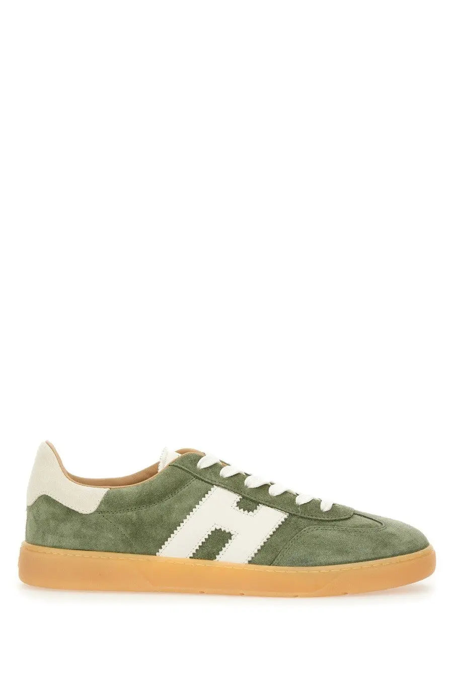 Hogan men’s sneaker cool multicolor olive green suede low-top with white laces and tan rubber sole