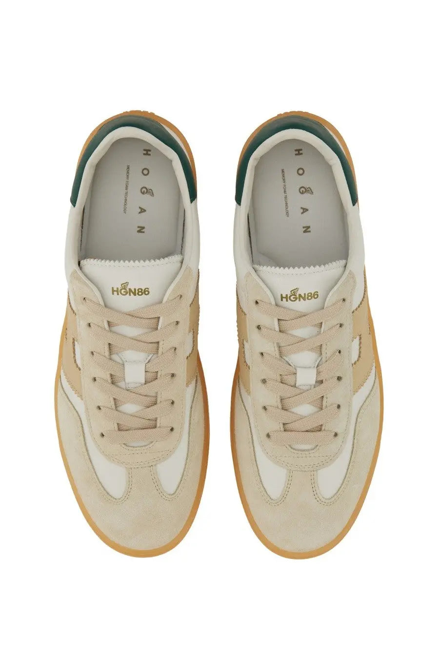 Beige and white hogan men’s sneaker cool white with green heel tab showing the back side of the shoe