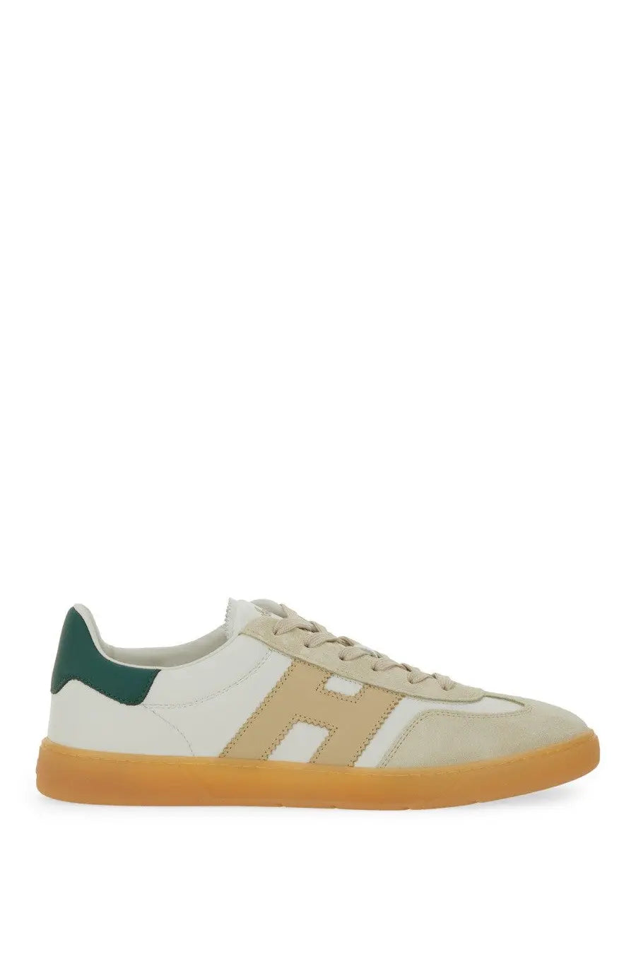 Hogan men’s sneaker cool white in white and beige with green heel tab tan suede h logo and orange rubber sole