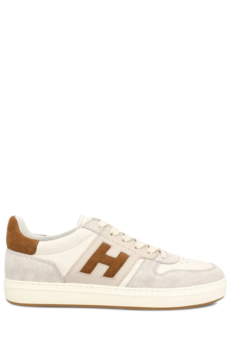 Hogan men’s sneaker grey featuring cream-colored suede and leather with a brown h logo on the side