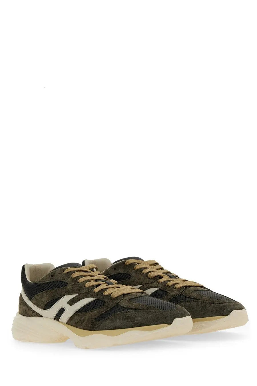 Hogan men’s sneaker grey in olive green suede and mesh with black accents cream laces and chunky off-white sole