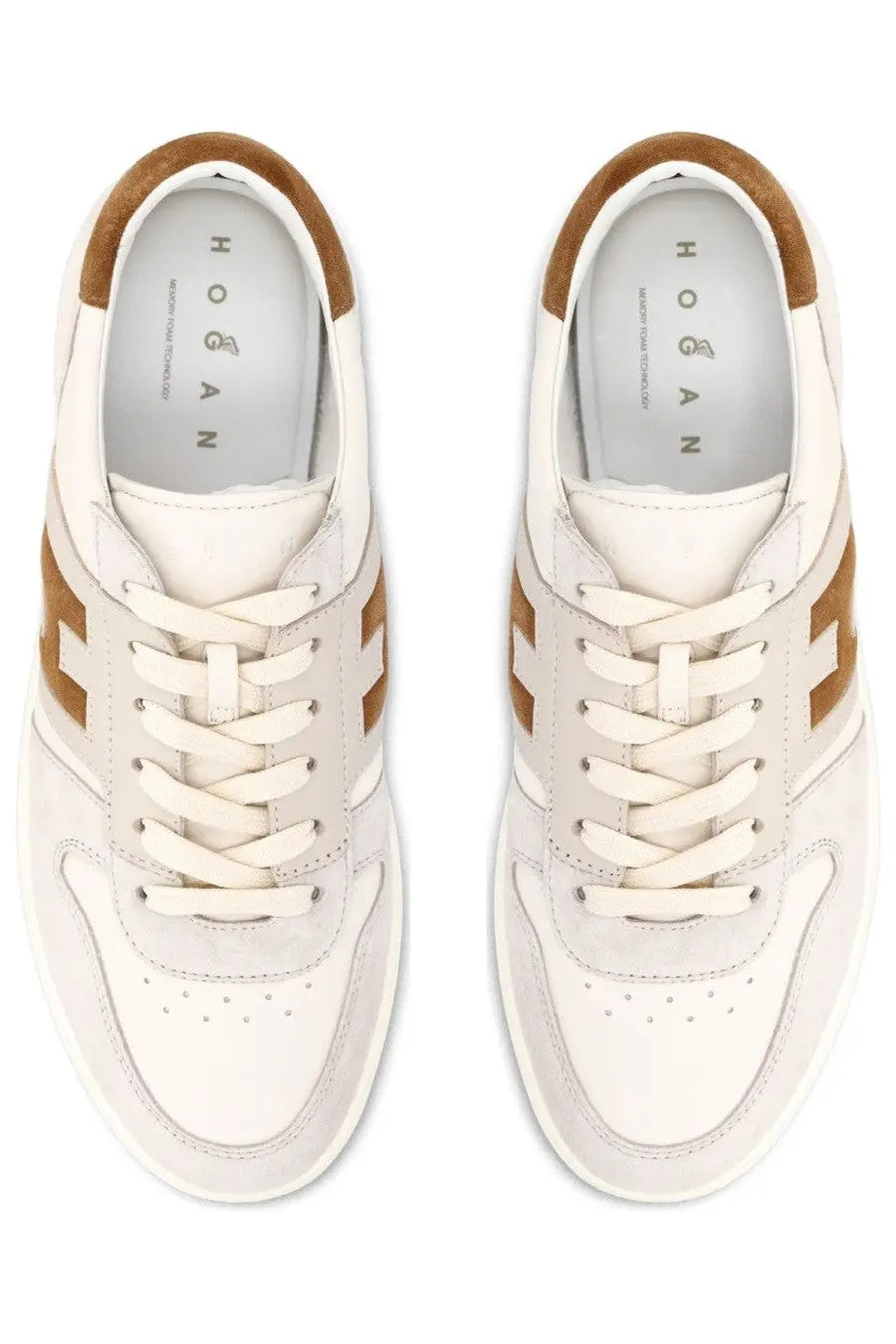 Hogan men’s sneaker grey in white and tan with suede accents featuring a classic athletic design