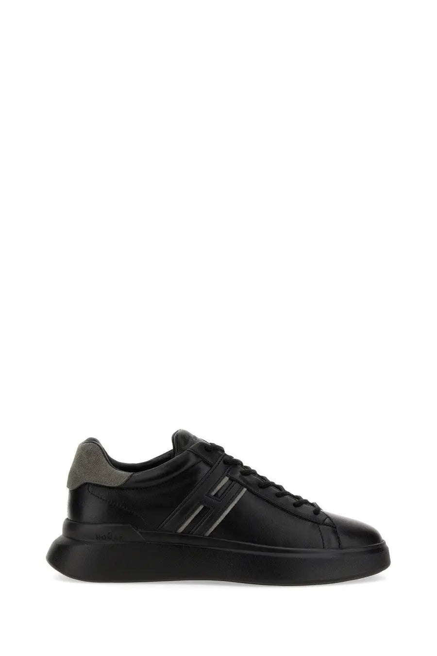 Hogan men’s sneaker H580 black leather with matte finish olive green heel tab and silver h logo stripes on the side