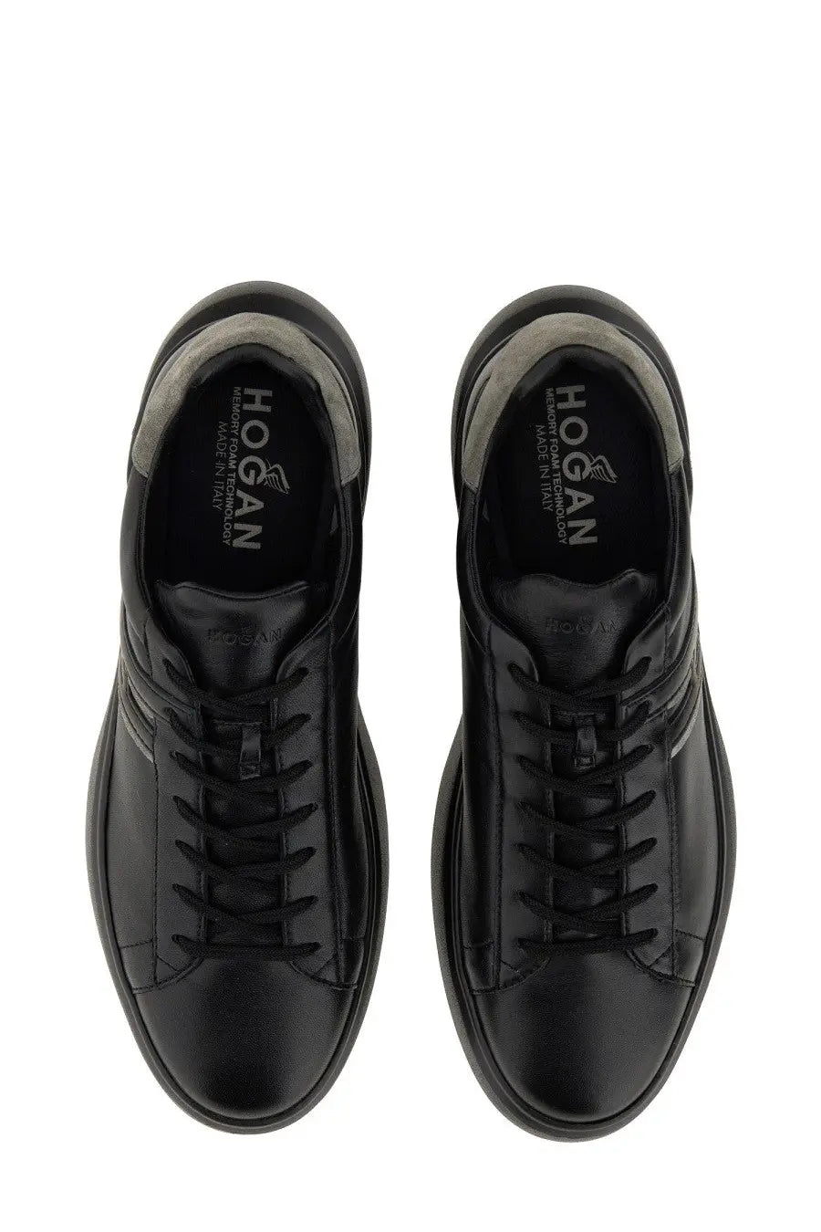 Hogan men’s sneaker H580 black leather with sleek minimalist design and subtle gray heel accents shown from the back