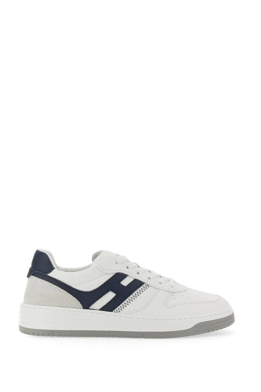 Hogan men’s sneaker h630 multicolor white leather with navy blue accents and zigzag stitch detail on the side