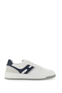 Hogan men’s sneaker h630 multicolor white leather with navy blue accents and zigzag stitch detail on the side
