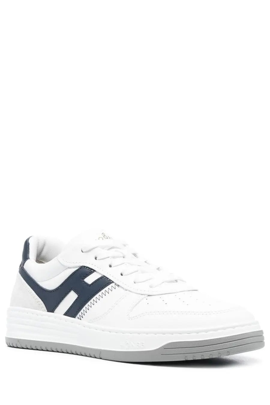 Hogan men’s sneaker h630 white leather with navy blue accents and chunky gray sole for casual wear