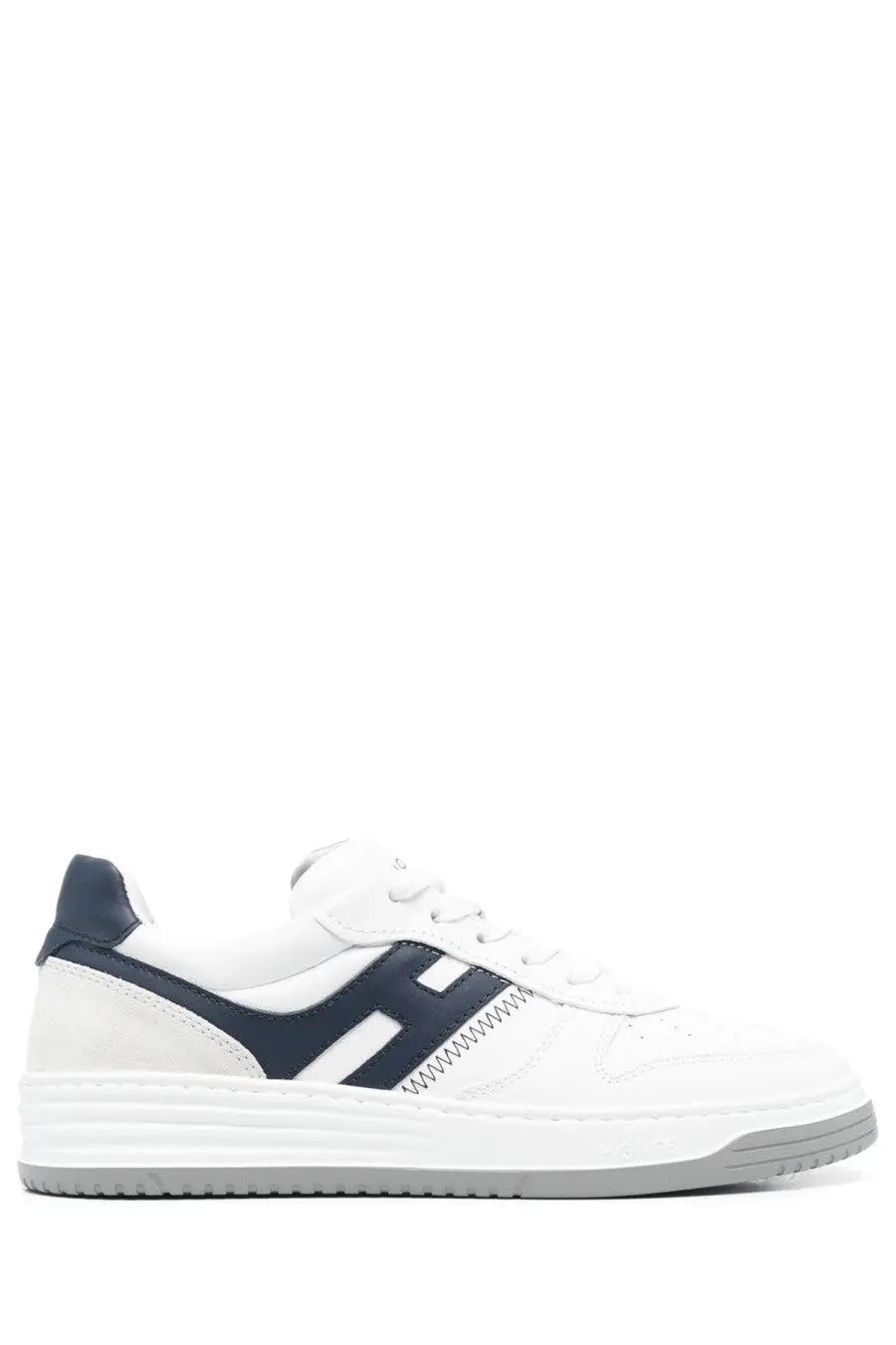 Hogan men’s sneaker h630 in white and navy blue with sleek modern design and stitched side panel detailing
