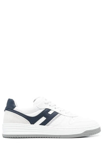 Hogan men’s sneaker h630 in white and navy blue with sleek modern design and stitched side panel detailing