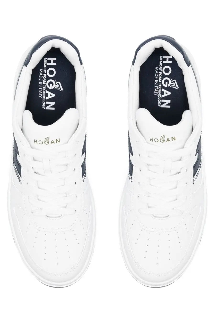 Hogan men’s sneaker h630 in white with navy blue accents and perforated leather uppers for casual wear