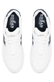 Hogan men’s sneaker h630 in white with navy blue accents and perforated leather uppers for casual wear