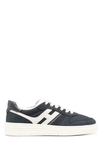 Hogan men’s sneaker h630 in dark navy suede and mesh with white h logo and chunky off-white rubber sole