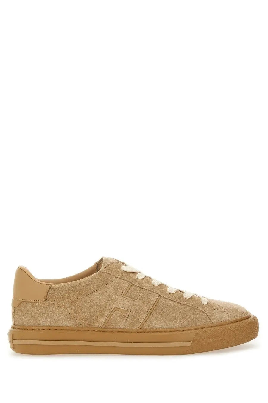 Hogan men’s sneaker h691 beige tan suede low-top with tan rubber sole white laces and embossed h logo on side