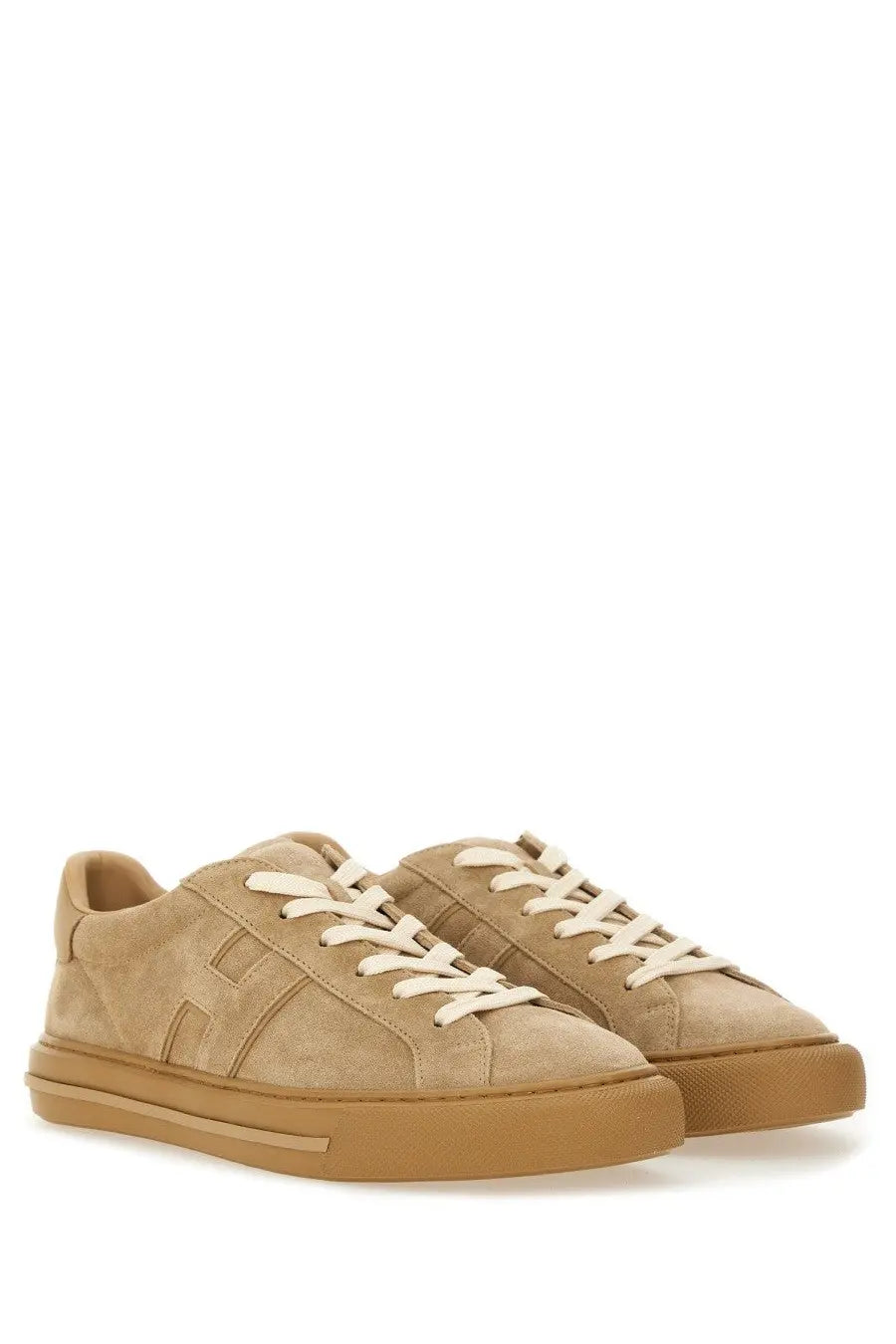 Hogan men’s sneaker h691 beige tan suede low-top with cream laces and gum-colored rubber sole